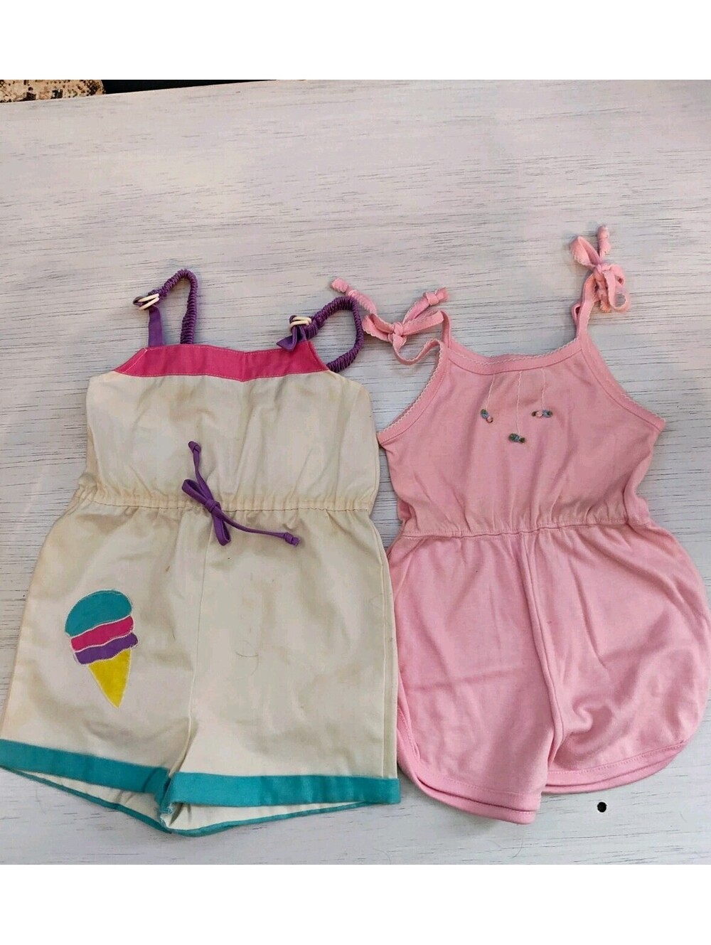 Vintage Girls 2pc Romper Set 5T Sleeveless Ice Cream Pink White Bow